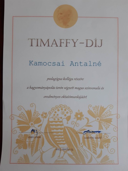 Timaffy-díj Kamocsai Antalné részére